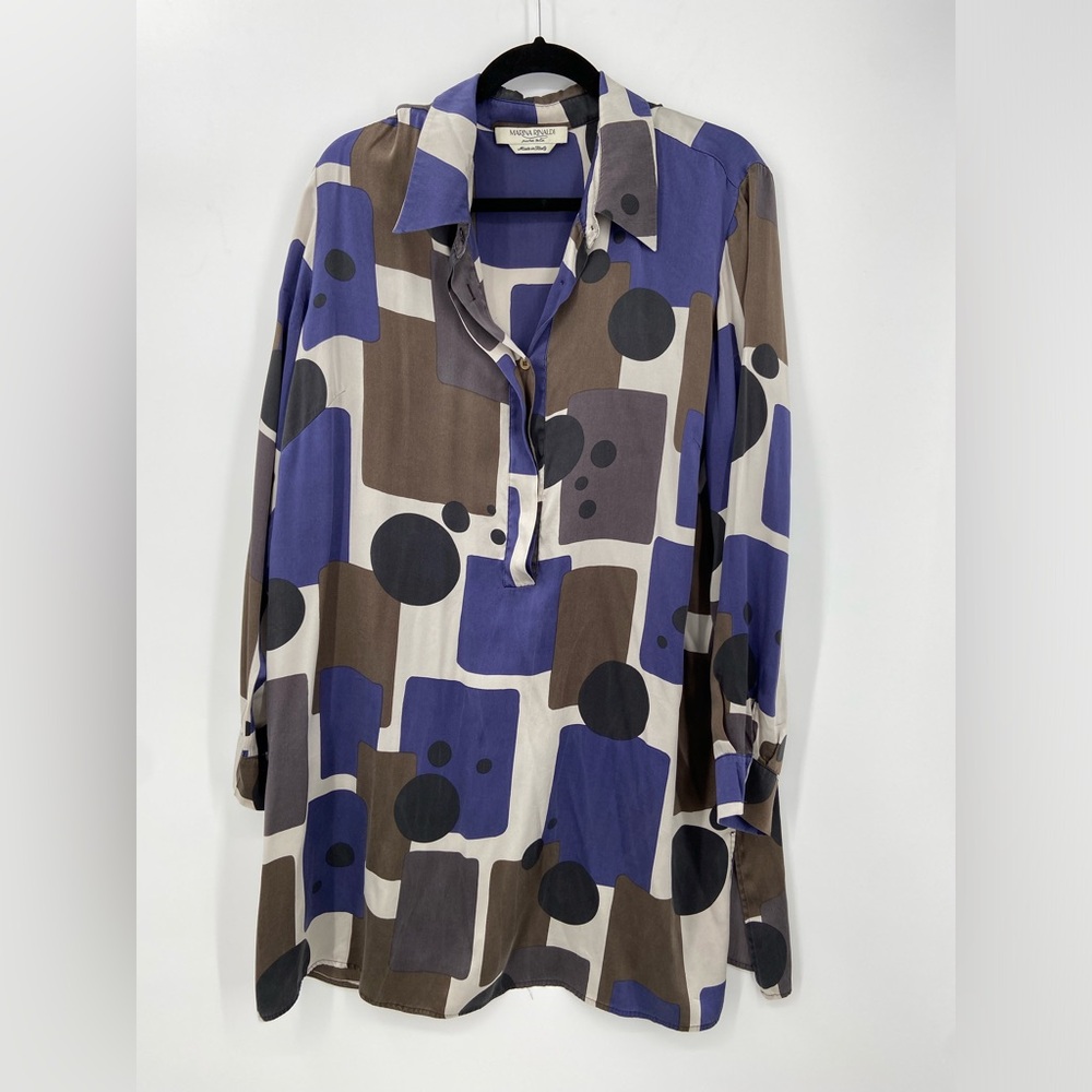 Marina‎ Rinaldi Silk Tunic Blouse Geometric Abstract Blue Size EU 25 US 16W